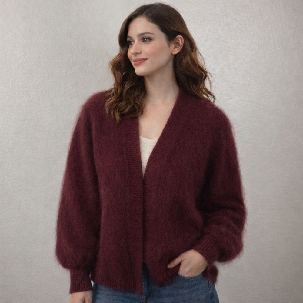 Vintage Venesha Retro burgundy Angora hook closure midi fuzzy cardigan sweater M